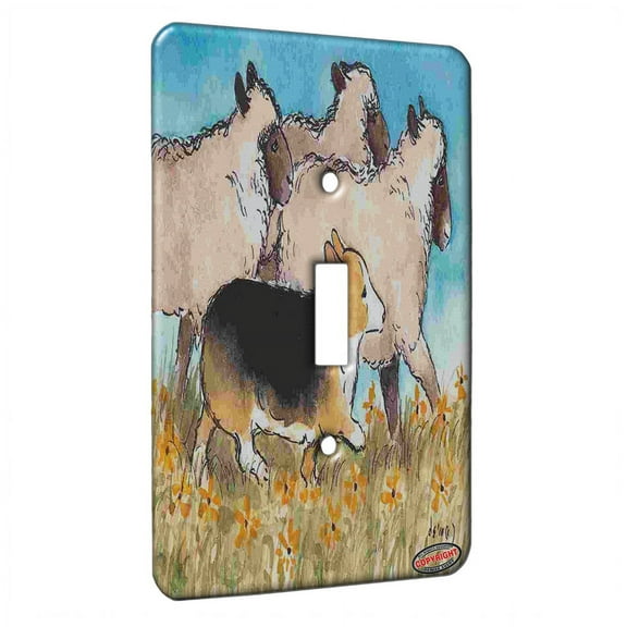 KuzmarK™ Single Gang Toggle Switch Wall Plate - Welsh Corgi with Sheep Herding Dog Art by Denise Every