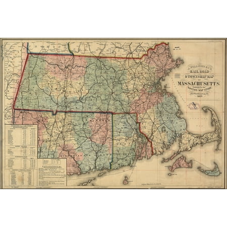 24"x36" Gallery Poster, Railroad & township map of Massachusetts, published at the Boston Map Store, 1879