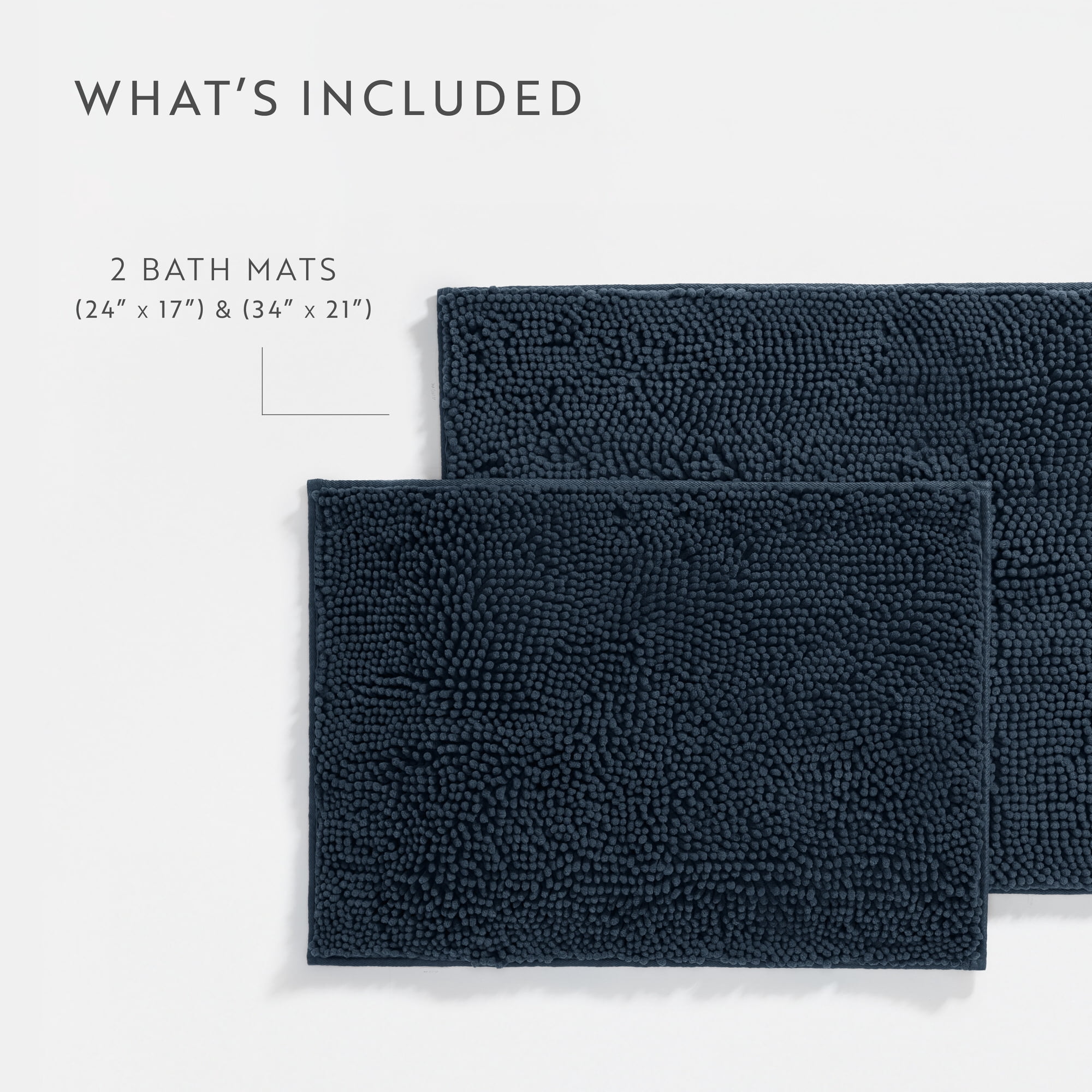 Soft Absorbent Chenille Bath Mat Rug with Anti-Skid Rubber Backing, 2 Pack, Navy, by Noble Linens