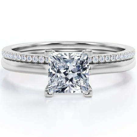 JeenMata 1.75 Carat Princess Cut Moissanite Pave Accented Prong Setting Bridal Ring Set in 18K White Gold Plating over Silver