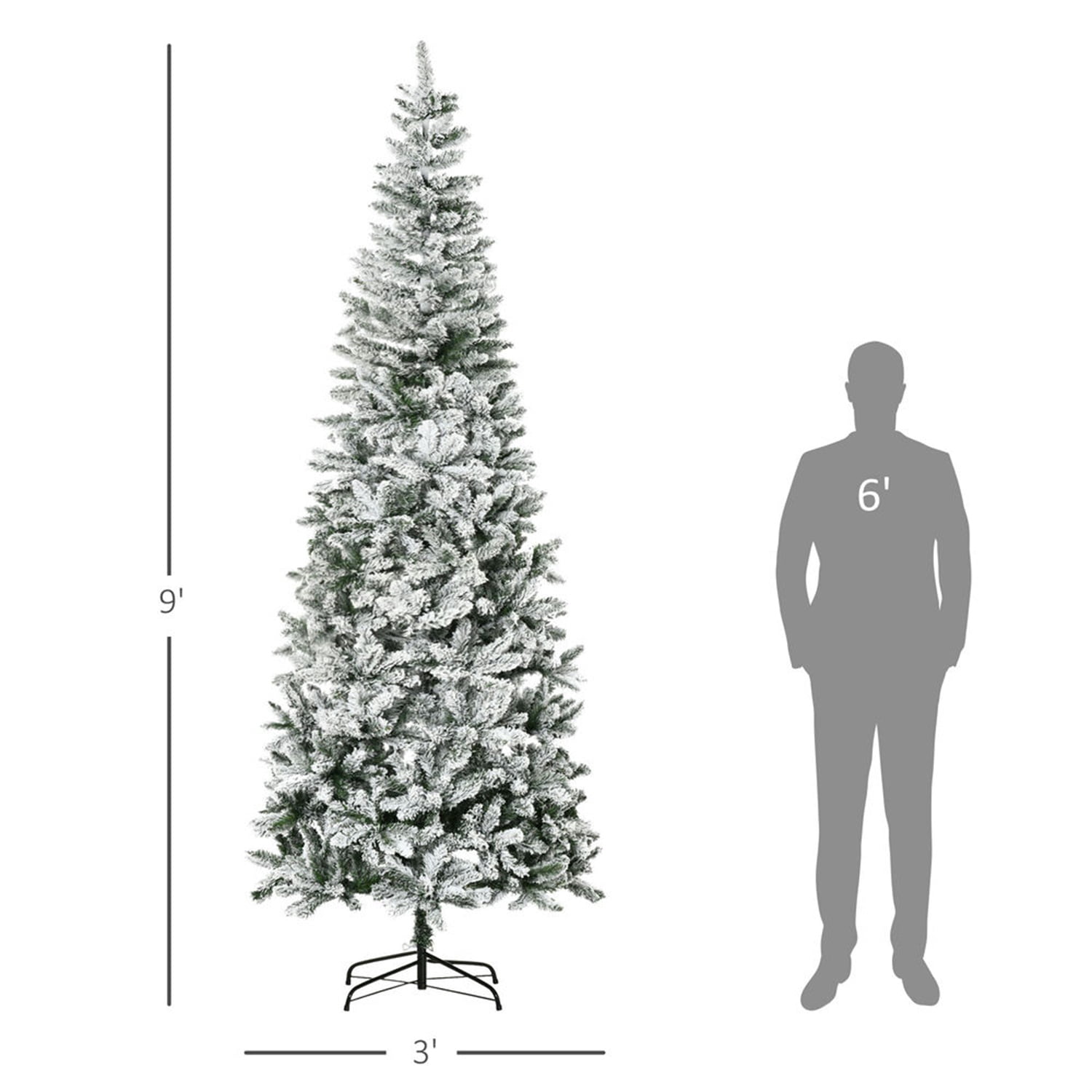 Hommoo 9ft Unlit Snow-Flocked Slim Pine Artificial Christmas Tree with Realistic Branches and 1084 Tips,Green