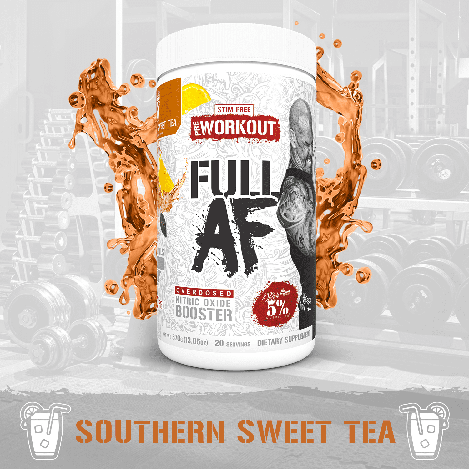5% Nutrition Full AF Pre-Workout Stim-Free Powder Supplement, Caffeine-Free Max Pumps, 20 Servings (Southern Sweet Tea)