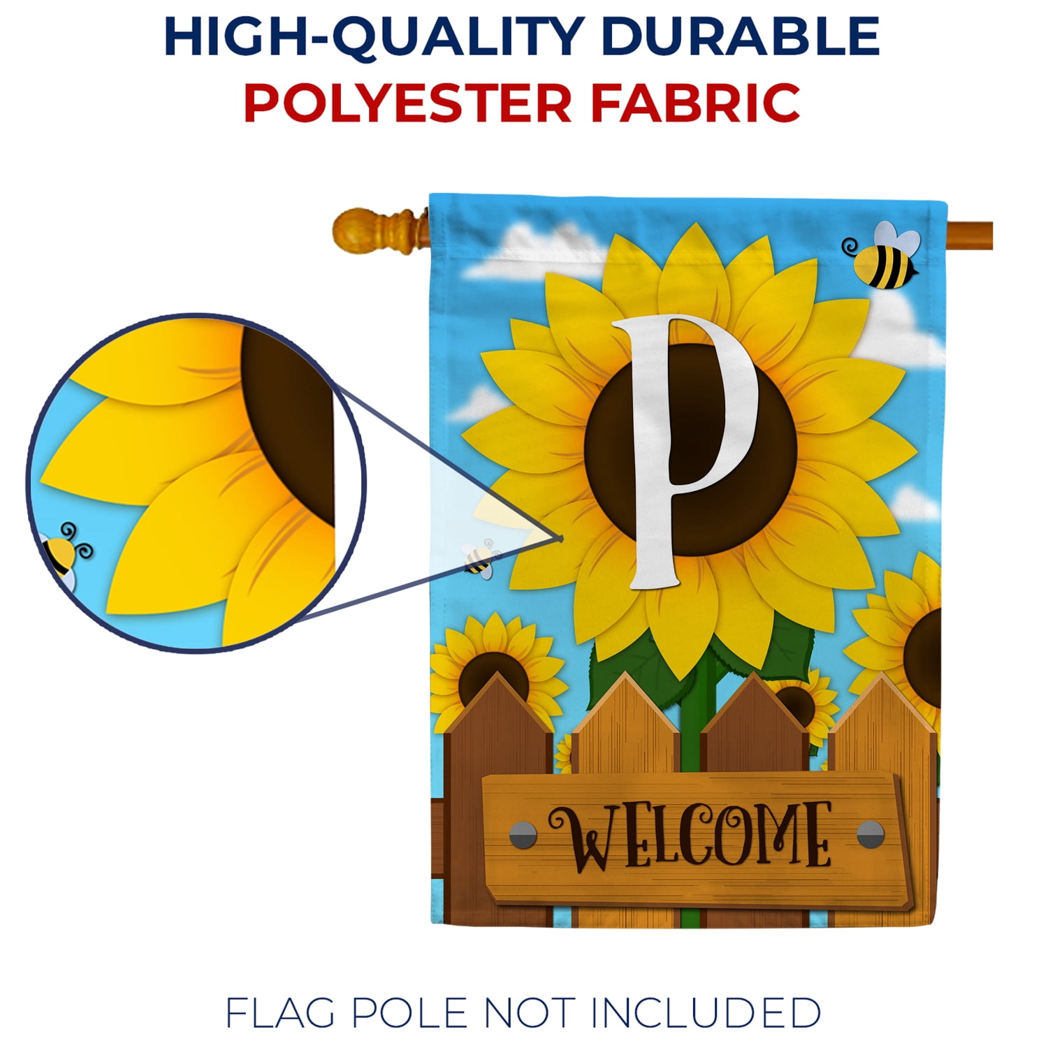 America Forever Spring Monogram House Flag Letter P 28 X 40 inches Double Sided Vertical Outdoor, Yard, Lawn, Beautiful Bright Sunlowers, Floral Design, Honeybee, Summer Welcome House Flag