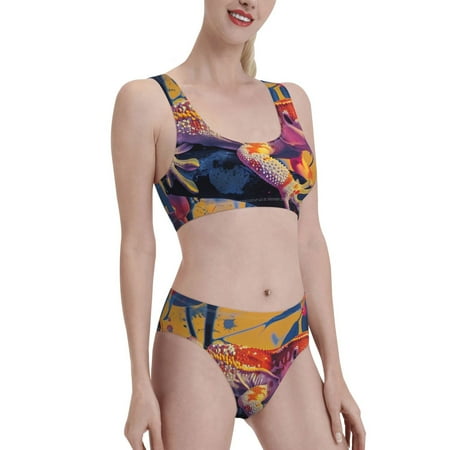 Uemuo Colorful Gecko Jungle Art Printed Women s High Waisted Bikini Sets Sporty Two Piece Swimsuits Color Block Cheeky High Cut Bathing Suits-Small
