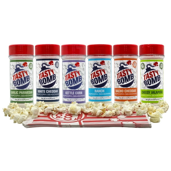 Tasty Bomb's Popcorn Seasoning Pack: 6 flavors, incl. White Cheddar, Ranch, & Sour Cream. Gluten-free & Keto-friendly.