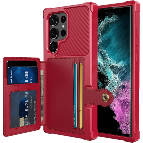 for Samsung Galaxy S23 Ultra Case with Card Holder, Compatible with Magnetic Car Mount, Heavy Duty Shockproof Rugged Soft TPU Back Leather Flip Wallet Cover Galaxy S23 Ultra 5G 6.8", Red