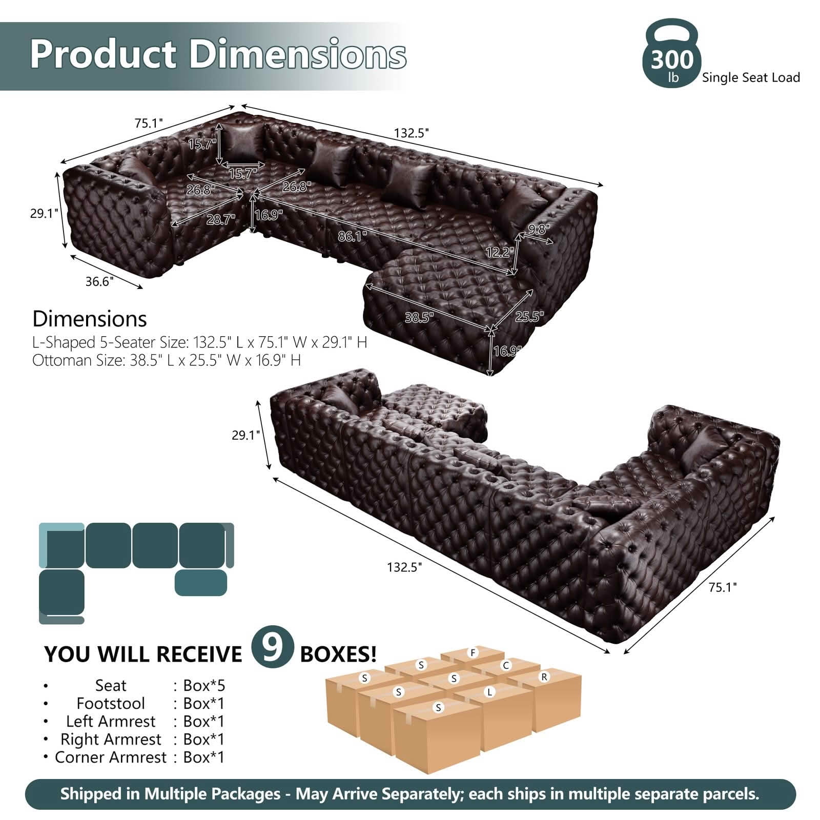 MAYEERTY 132.5" L‑Shaped 5‑Seat Faux‑Leather Modular Sofa Set, Handcrafted Button Tufted Couch with Ottoman & 5 Pillows for Living Room & Small Apartment