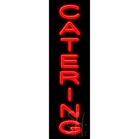 Catering LED Neon Sign 8" Tall x 27" Wide, Clear Edge Cut Acrylic Backing, with Dimmer - Bright and Premium built indoor LED Neon Sign for restaurant window and interior decor.