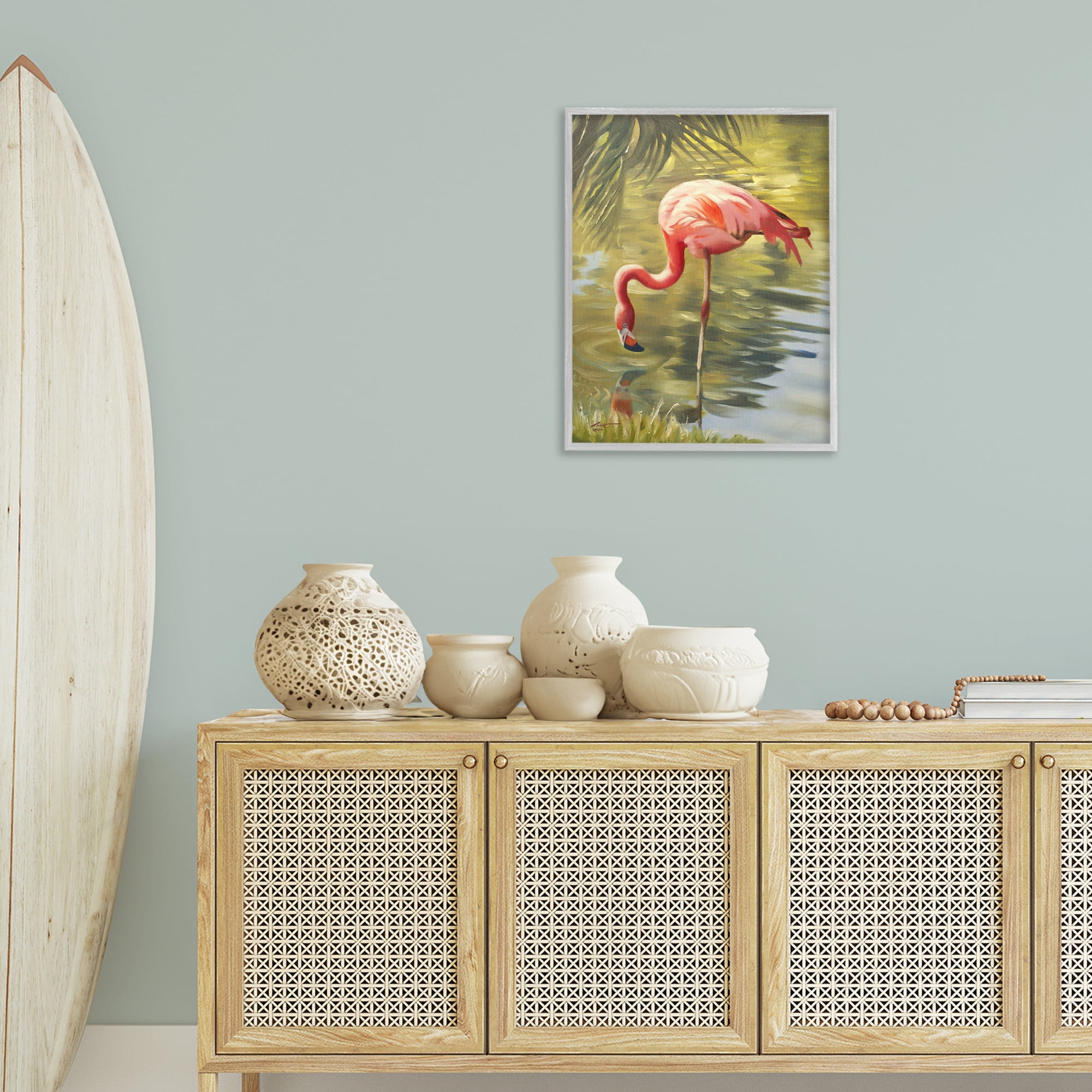 Stupell Industries Flamingo Shallow Pond Animals & Insects Painting Gray Framed Art Print Wall Art, 24 x 30