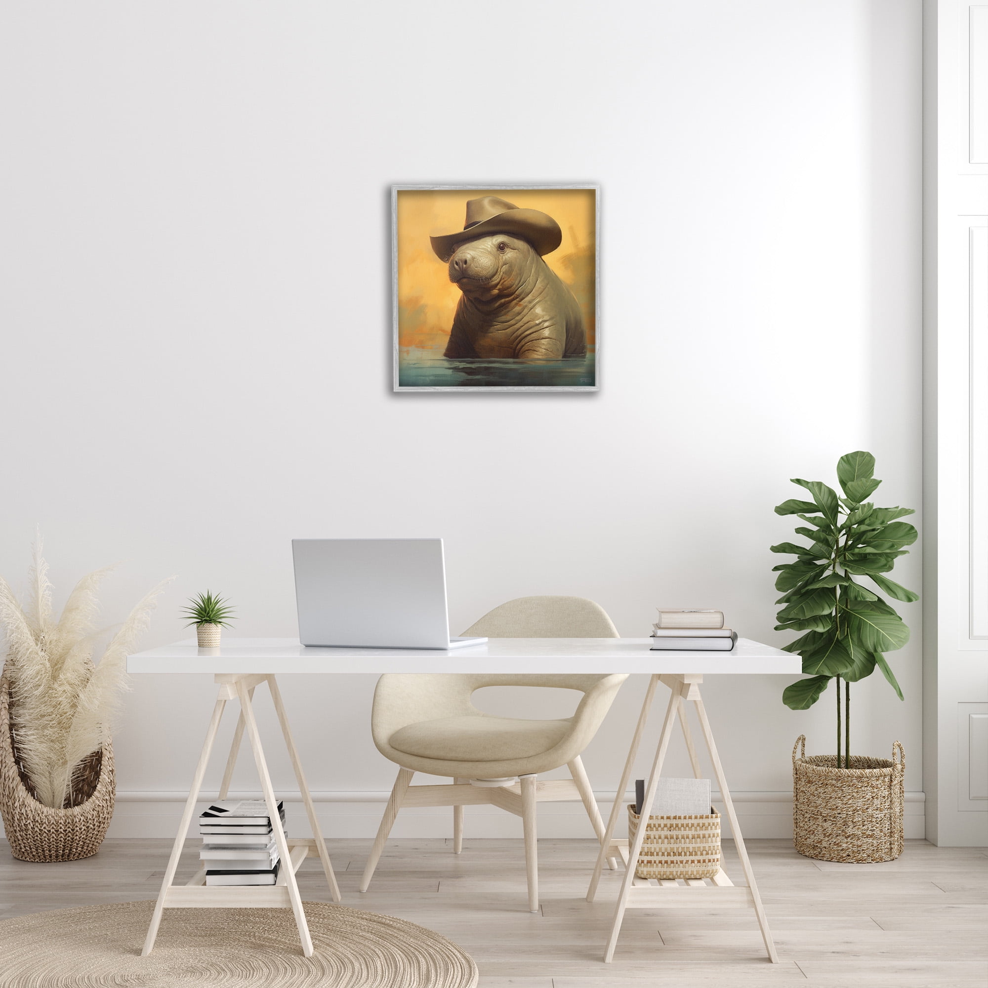 Stupell Industries Swimming Manatee with Hat Animals & Insects Painting Gray Framed Art Print Wall Art, 24 x 24