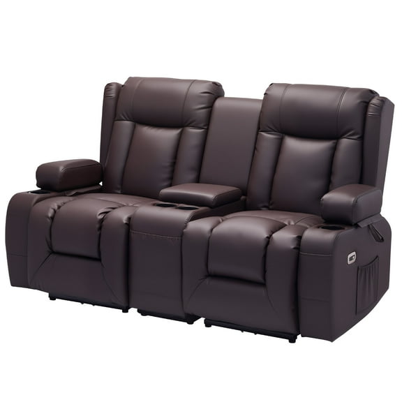 KFFKFF Reclining Loveseat Sofa with Heating, Massage, and Timer, PU Leather Electric Couch with Center Console, USB Ports, Cup Holders, and Side Pockets for Living Room