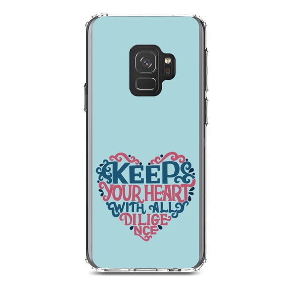 DistinctInk Clear Shockproof Hybrid Case for Samsung Galaxy S9 (5.8" Screen) - TPU Bumper, Acrylic Back, Tempered Glass Screen Protector - Keep Your Heart With All Diligence