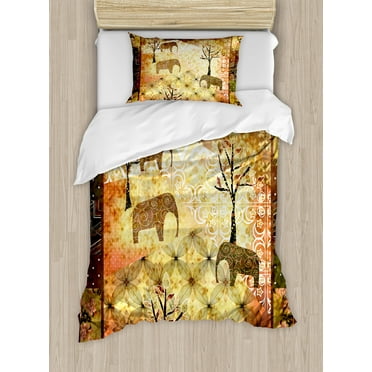 African Twin Size Duvet Cover Set, Patchwork Inspired Pattern Grunge Vintage Featured Elephants Trees Roses Print, Decorative 2 Piece Bedding Set with 1 Pillow Sham, Multicolor, by Ambesonne