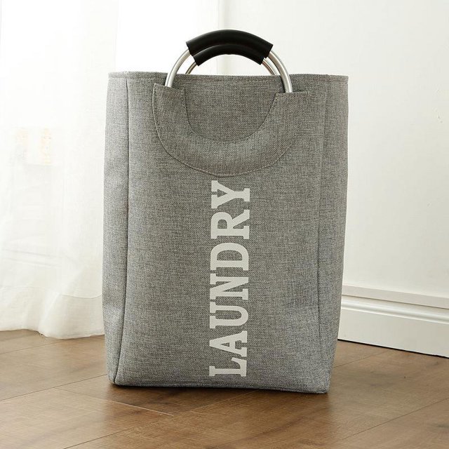 Cesto de almacenamiento de tela con asa de aluminio gris de 32 × 28 × 49 cm, cesto de almacenamiento plegable para el hogar, cesto para ropa sucia