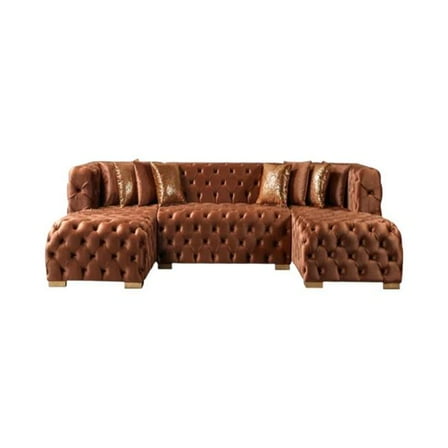 HomeRoots 642273 Tufted Orange Velvet Modular U Shaped Sofa & Chaise Sectional with Toss Pillows