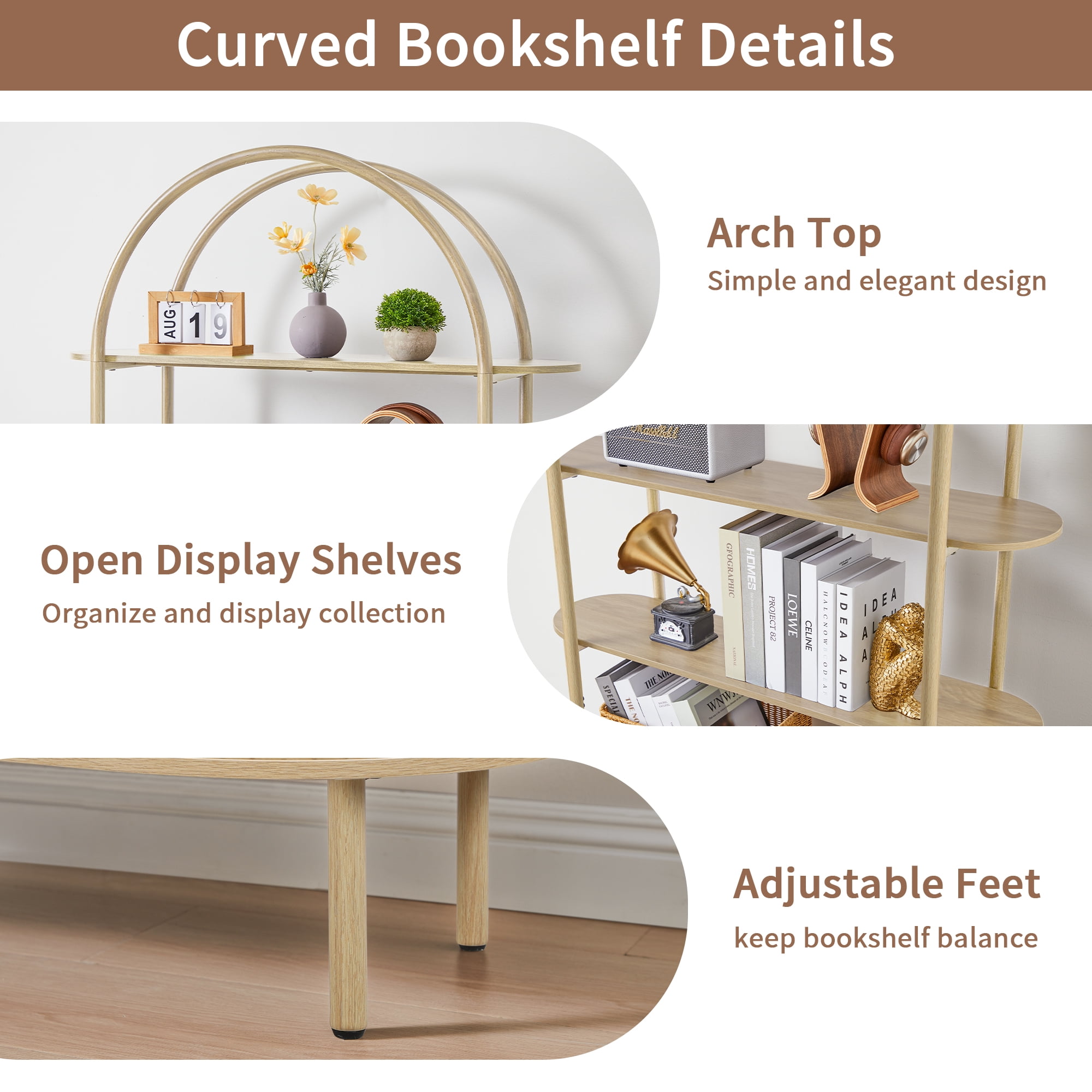LEFHDA 79" Industrial Modern Arched Bookshelf with 4-Tier Open Shelf & Sliding Tambour Cabinet Storage, Mid-Century Curved Freestanding Bookcase for Living Room (Natural, 79 inch Set of 2)
