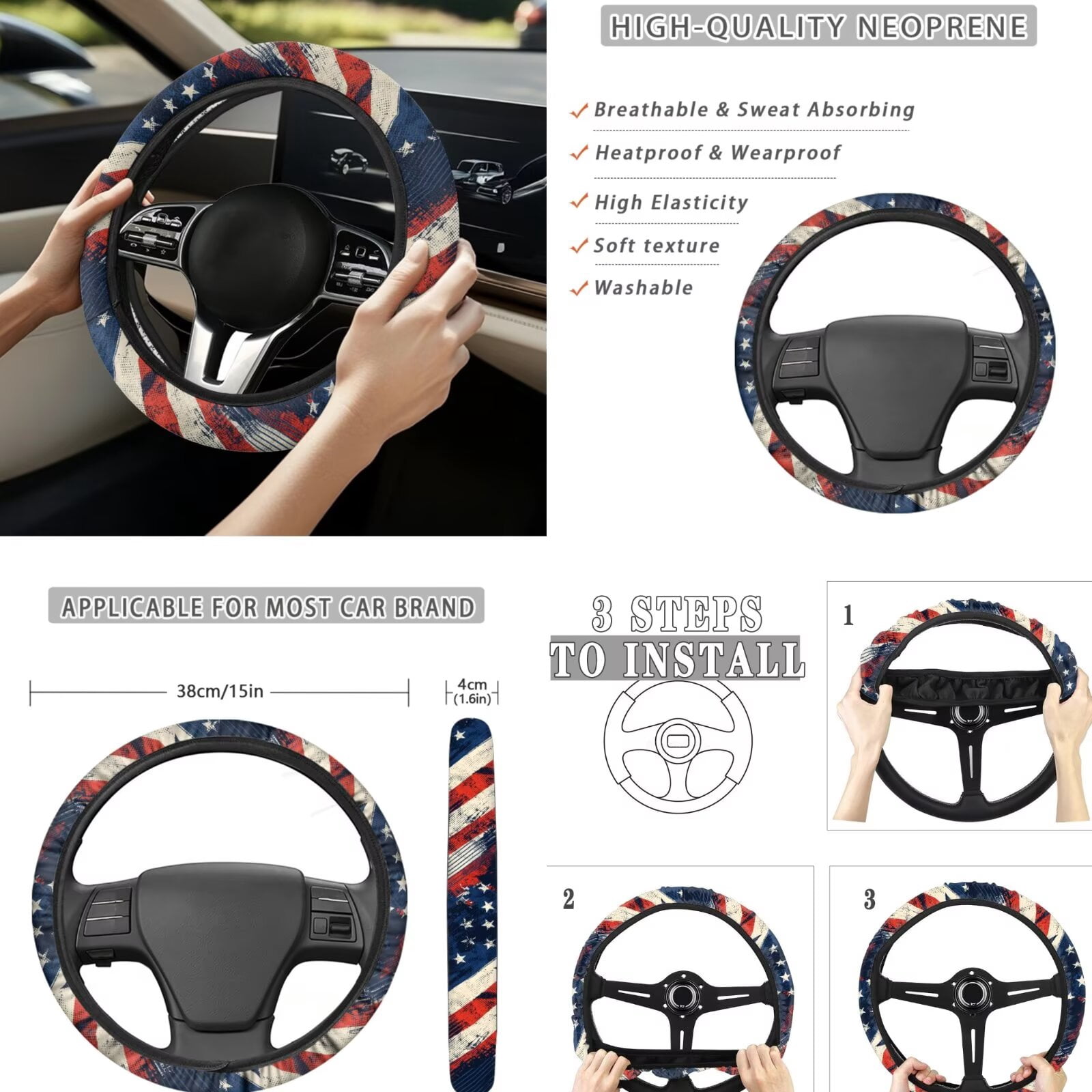 Jeiento Car Seat Covers Full Set with Steering Wheel Cover Safe Belt Pads Coasters Center Console Cover 250th Eagle Flag Keychain Chapstick Holder 13 PCS Auto Interior Sets Accessory