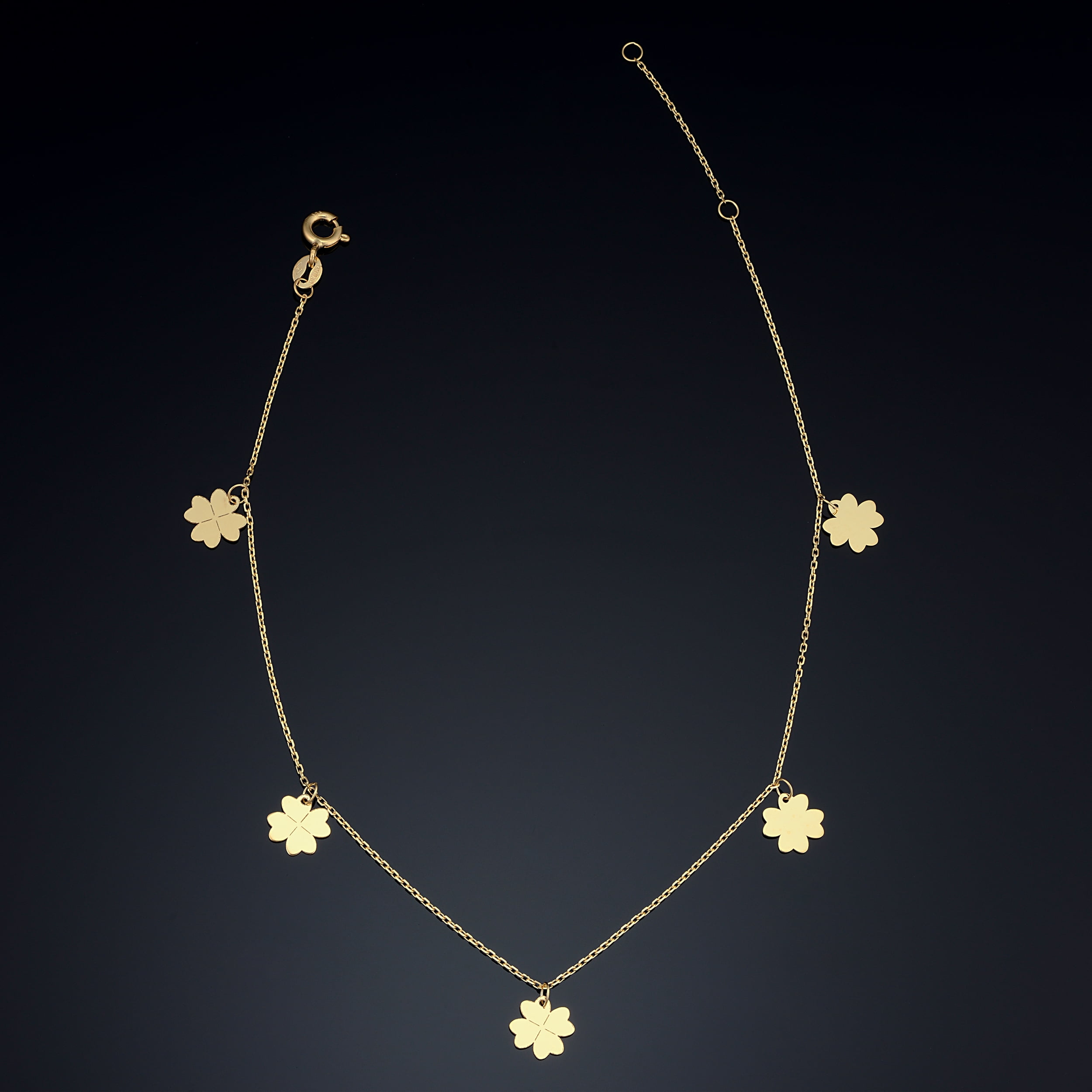 KoolJewelry 14k Yellow Gold Four Leaf Clover Station Ankle Bracelet for Women (adjusts to 9 or 10 inch)