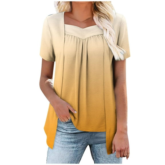 Womens Tunic Tops with Leggings. Short Sleeve Shirts for Women Summer Fashion Ombre Tie Dye Pleated Fake Two Piece Square Neck Dressy Blouses