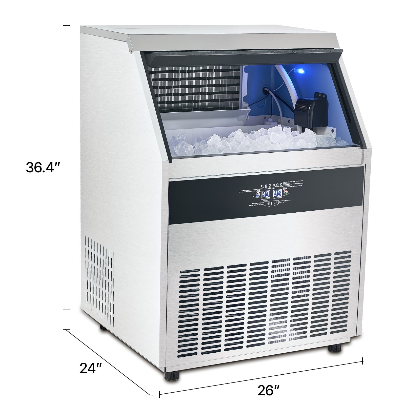 KFFKFF 300lbs/24H 126 Ice Cubes with 88lbs Storage Bins Commercial Ice Maker Machine Stainless Steel Under Counter ice Machine 27.76 in W, 45.47 in H with Auto Clean