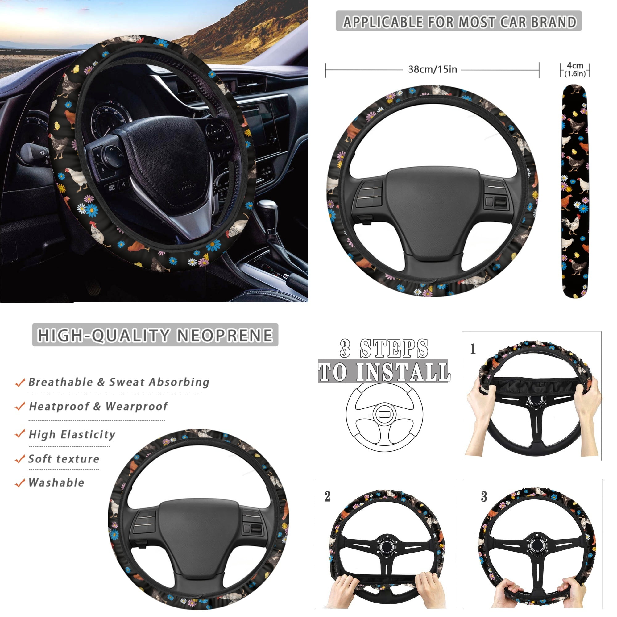 Yuyamidu 14 Pack Chicken Car Seat Covers and Steering Wheel Cover Seat Belt Strap Cover Garbage Bin Hippie Flower Armrest Cover Rearview Mirror Cover Coaster Gear Shift Knob Cover Set Fit SUV Sedan