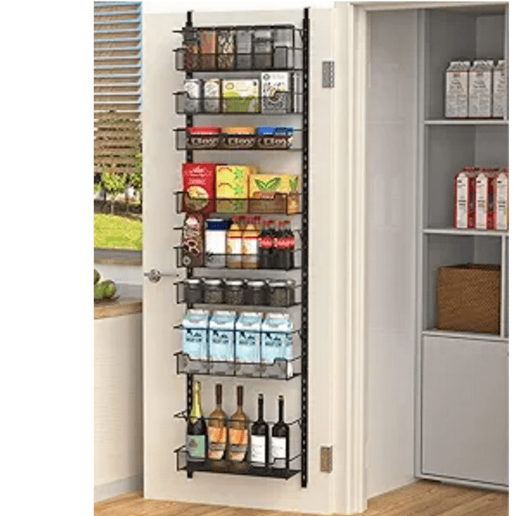 Over the Door Pantry Organizer, 8-Tier Over the Door Organizer with Adjustable Basket, Pantry Door Organization for Pantry Kitchen Storage Room Spice Rack, Black