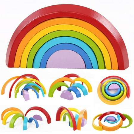 Wooden Stacking - 7 Color Wooden Stacking Rainbow Shape Brick Kids Childrens Educational Toy Set
