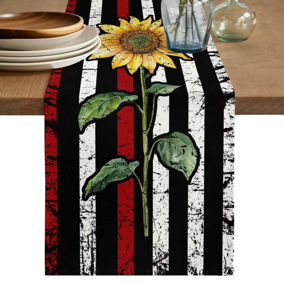 Table Runner 72 Inches Long for Kitchen Dining, Red American Flag Dresser Scarf Farmhouse, Dining Table Decorations for Wedding/Parties, Sunflower Vintage USA Flag 14 x 72 In
