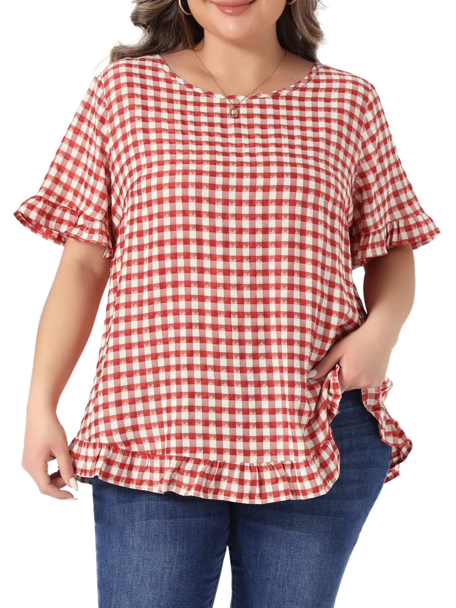 DARING DIVA Women's Plus Gingham 1950s Plaid Round Neck Tops 3X Red
