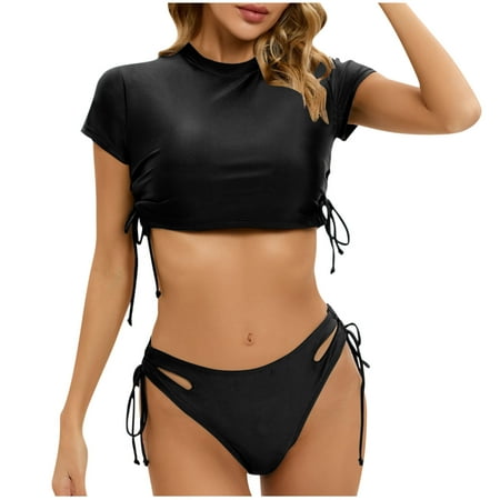UTSJKR Savings Drawstring Bikini Sets Two Piece String Bathing Suit Short Sleeve Crop Top Tie Side Bottom Modest Cut Out Swimsuit Black M