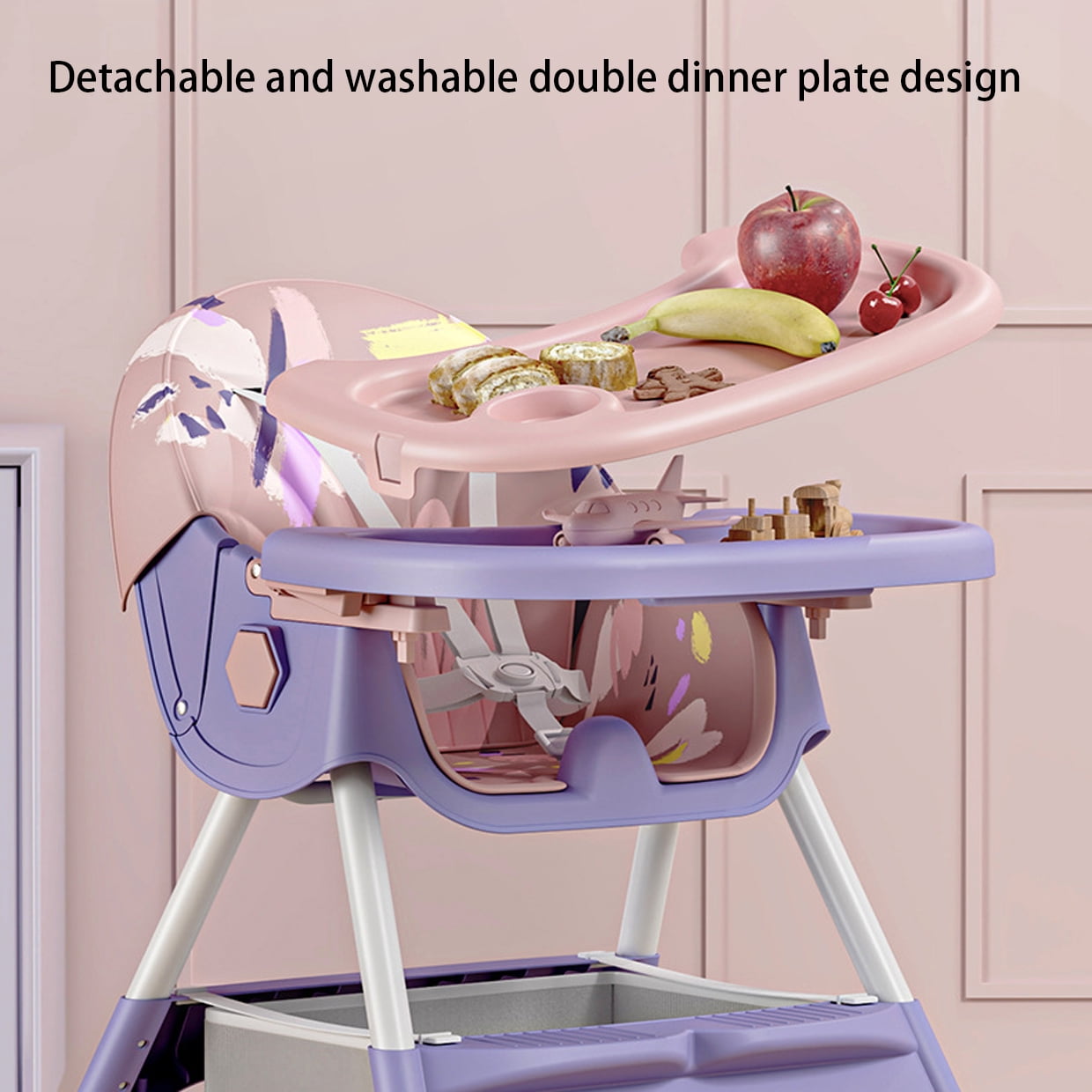 JieC Baby High Chair, 4 in 1 Convertible Highchair for Babies & Toddlers, Double Tray Dining Chair with 5-Point Harness & Silent Wheel,Blue