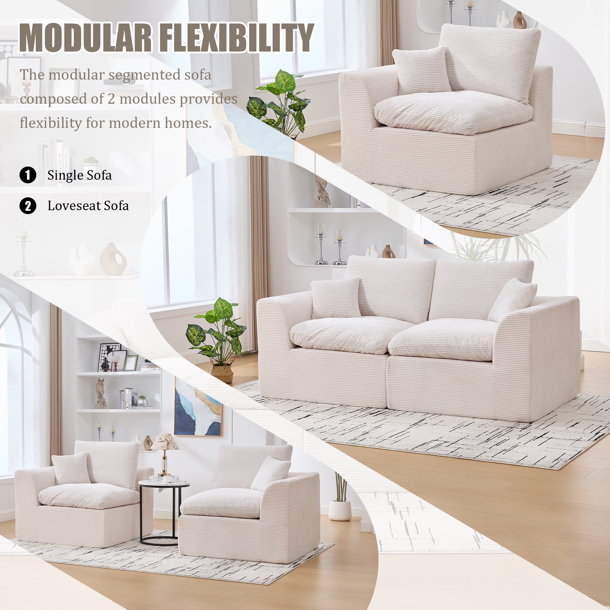 MOONMISS 80.3" Oversized Modular Sofa, Upholstered Corduroy 2 Seat Deep Seat Cloud Couch for Living Room Bedroom, No Assembly Required,Beige
