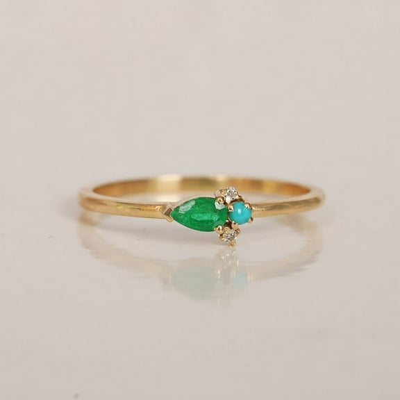 Pear Emerald, Turquoise & Diamond Ring, Dainty Stackable Ring, 925 Sterling Silver Delicate Ring, Anniversary Gift, Minimalist Ring