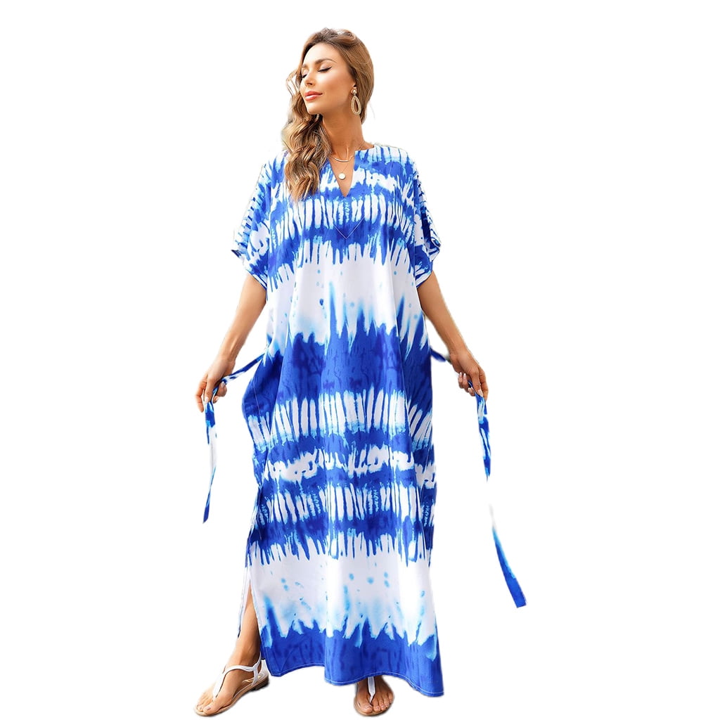 Women Blue White TieDye Print Turkish Kaftan Sexy VNeck Split Maxi