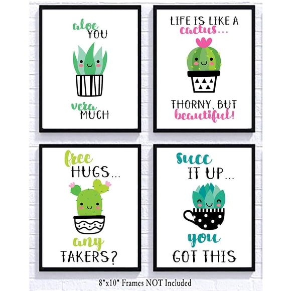Adorable Cactus Succulent Uplifting Wall Art Decor Prints Signs Poster Inspirational Sayings (Set of Four) Kawaii Cutesy Cheery