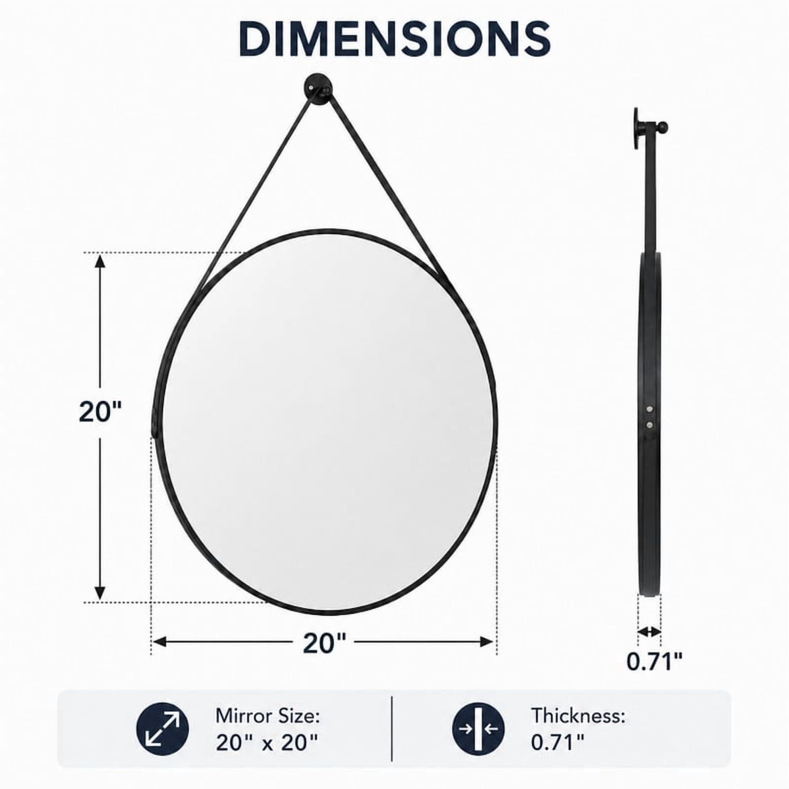 Easy4Home 20" Round Bathroom Mirror Vanity Mirror Wall Mounted with Leather Hanging Strap, Black