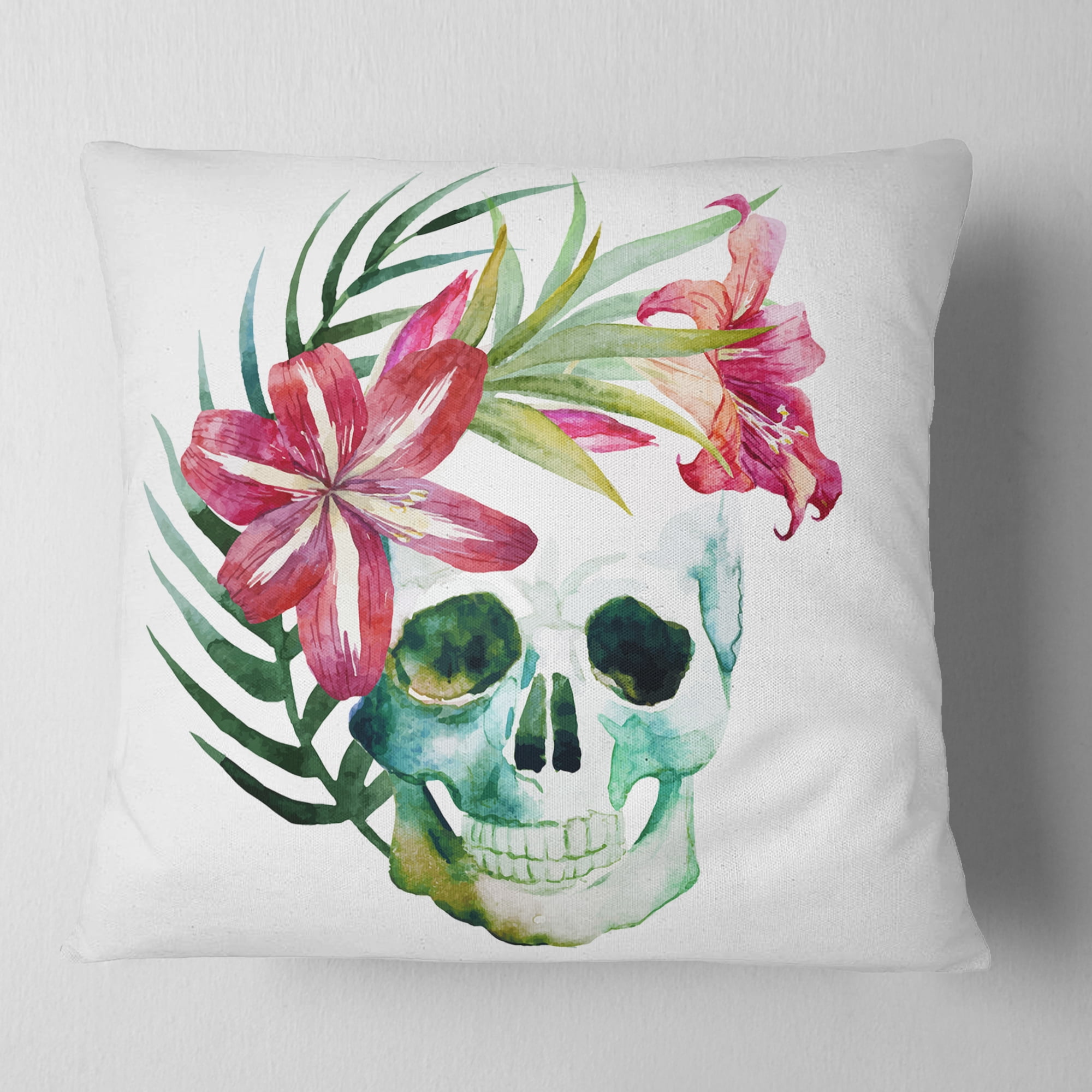 Designart Watercolor Skull with Flowers - Floral Throw Pillow - 16x16