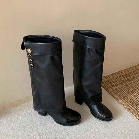 

French Style Classic Style round Toe Color-Blocking Knight Boots All-Matching Chunky Heel High Leg Boot Genuine Leather below the Knee Boots Women s Pants Pipe Boots