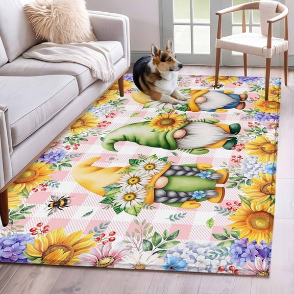 Sunflowers Area Rugs 2.7'x5', Washable Small Throw Rugs for Kitchen Bedroom, Spring Gnomes Hydrangea Daisy Flowers Pink Plaid Indoor Outdoor Rug Non-Slip Low Pile Carpet Runner Reversible Floor Mats
