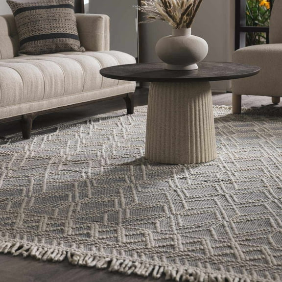 Hauteloom Derrimut Moroccan Farmhouse Living Room Bedroom Wool Area Rug with Tassel - High Low, Wool - Moroccan Trellis - Hand Woven, Handmade, Beige, Grey, Light Brown - 5' x 7'6"