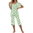 thumbnail image 2 of Aueoeo Women's Sleepwear Capris Printed Pajama Sets Short Sleeve Two-Piece Pjs V Neck Tops & Capris Pants with Pockets Green L, 2 of 5
