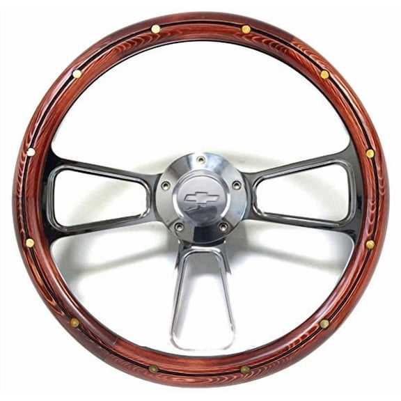 New World Motoring 14" Steering Wheel Kit, Wood & Billet, Chevy Horn for Aftermarket GM Columns