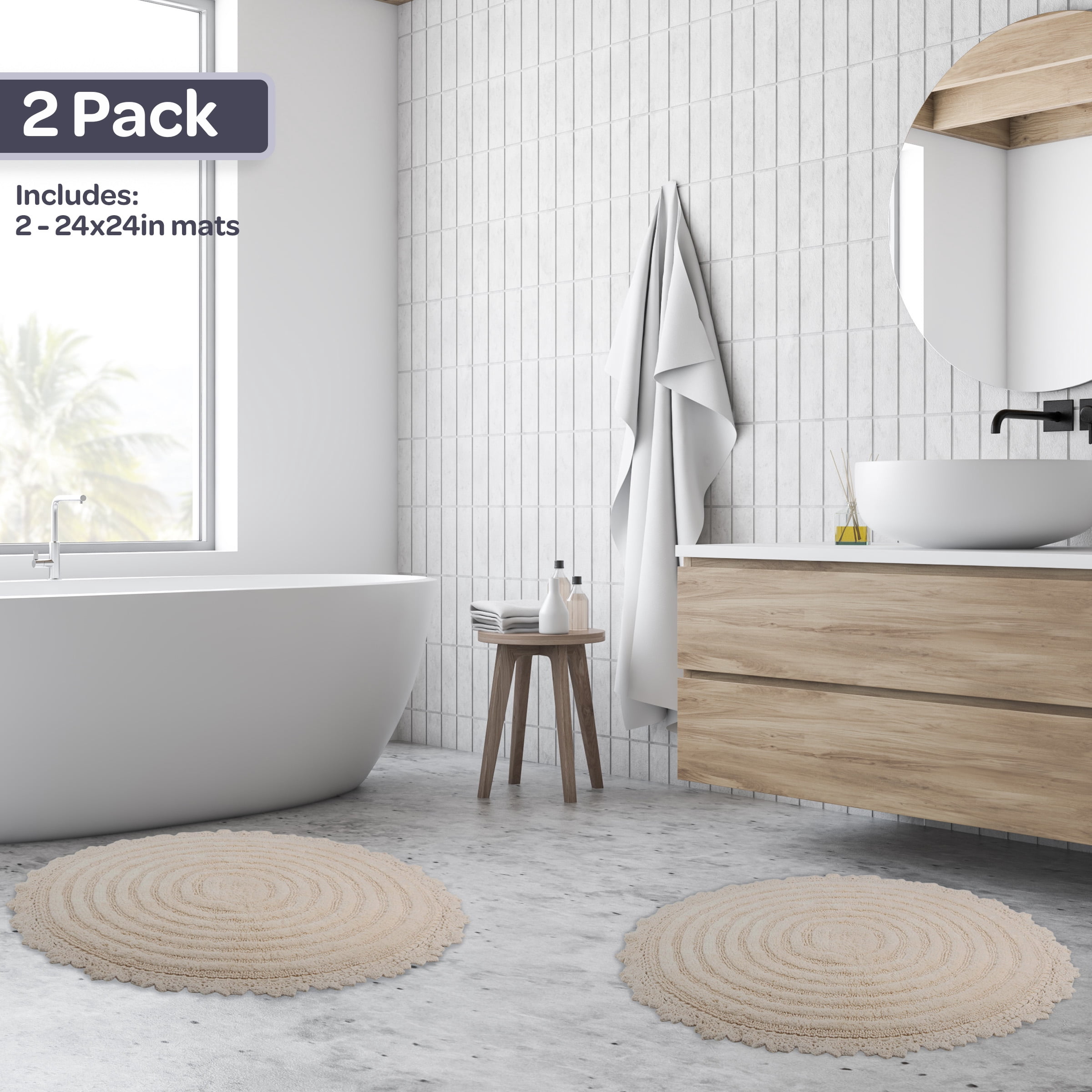 Lavish Home Bathroom Rugs - 2-Piece Woven Cotton Bath Mat Set (Ivory)