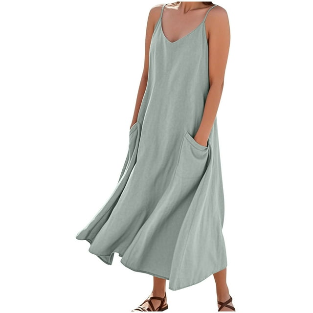 Mgmyaa Women's Summer Imitation And Linen Suspender Solid Color Pocket Jumpsuit Long Dress