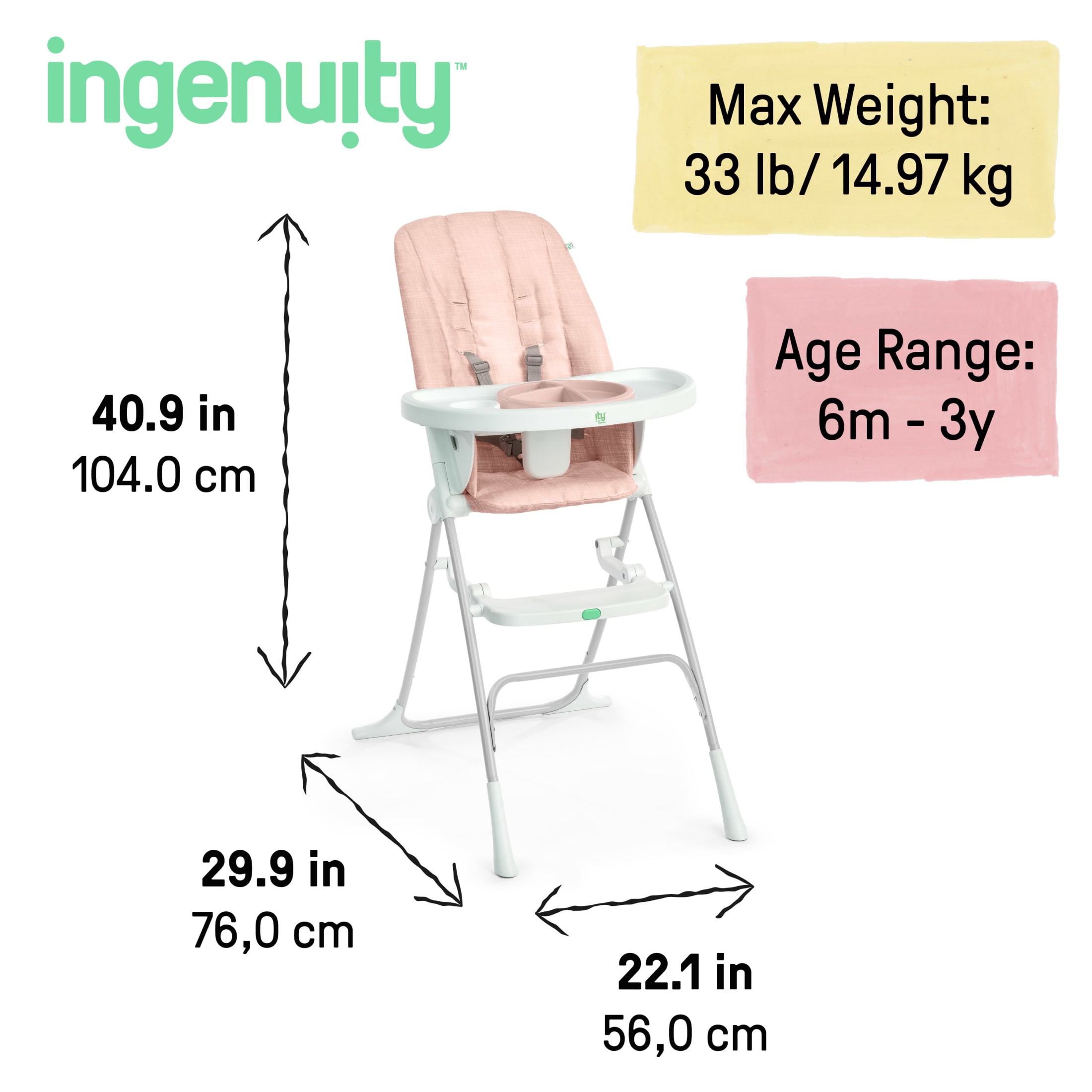 Ingenuity Sun Valley Compact Folding Baby High Chair - For Ages 6 Months and Up, Unisex - Pink