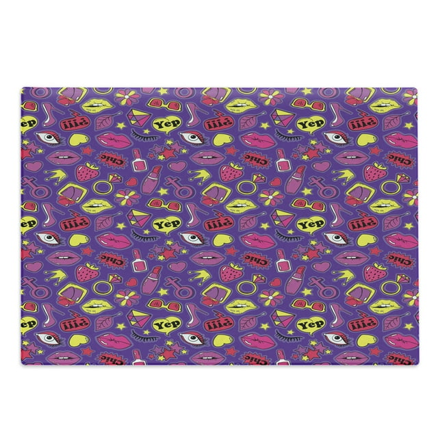 Emoticon Cutting Board, Nineties Comic Book Style for Women with Cosmetics Stars Lips Hearts on Purple, Decorative Tempered Glass Cutting and Serving Board, Large Size, Multicolor, by Ambesonne