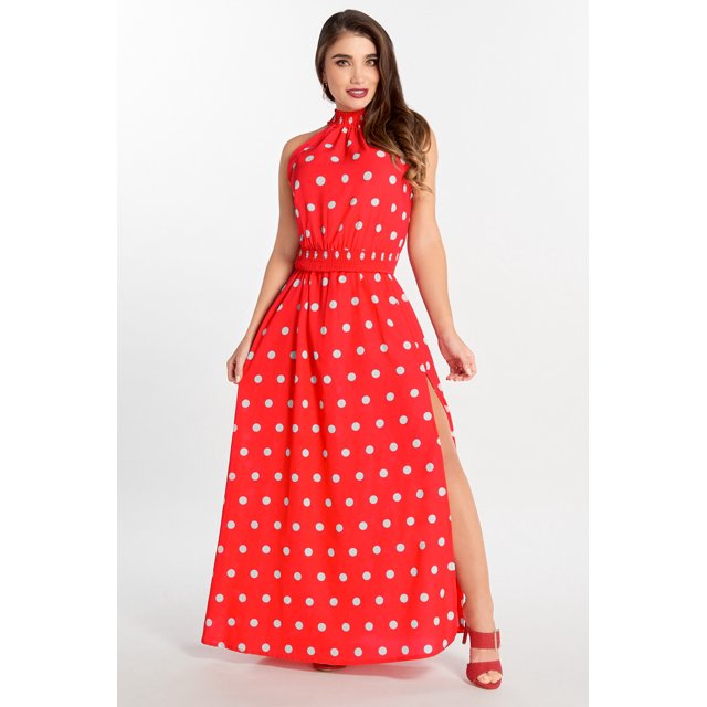 Vestido Largo Rojo Con Lunares Blancos Mundo Terra 026324