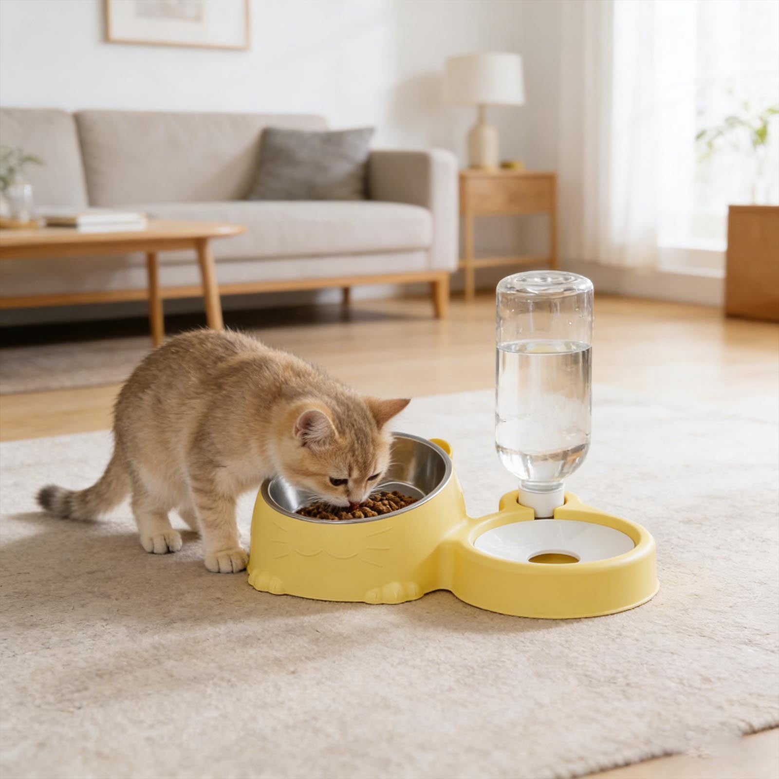 Double Cat Bowl Feeder with Automatic Water Dispenser Elevated Pet Food and Water Station for Small Animals