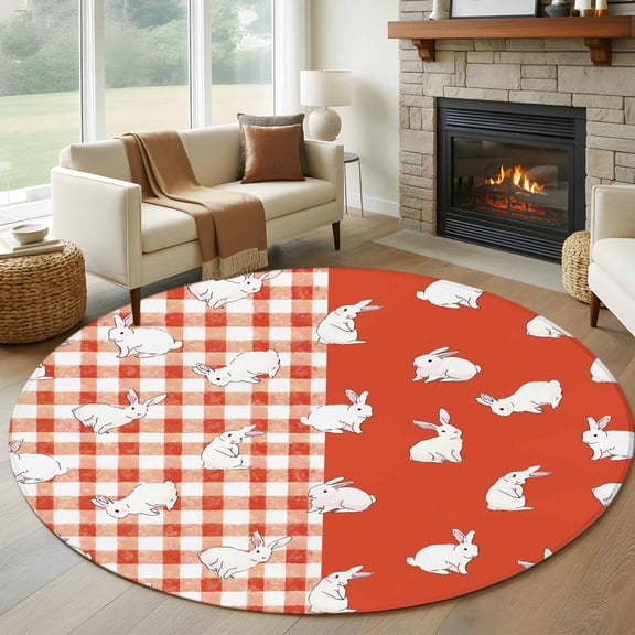 Japanese Rabbits Round Area Rug 5Ft Washable Circle Rugs for Living Room Bedroom, Vintage Orange Red Plaid Farmhouse Non-Slip Carpet Floor Mats Indoor Outdoor Carpet Runner Aesthetic Home Decor
