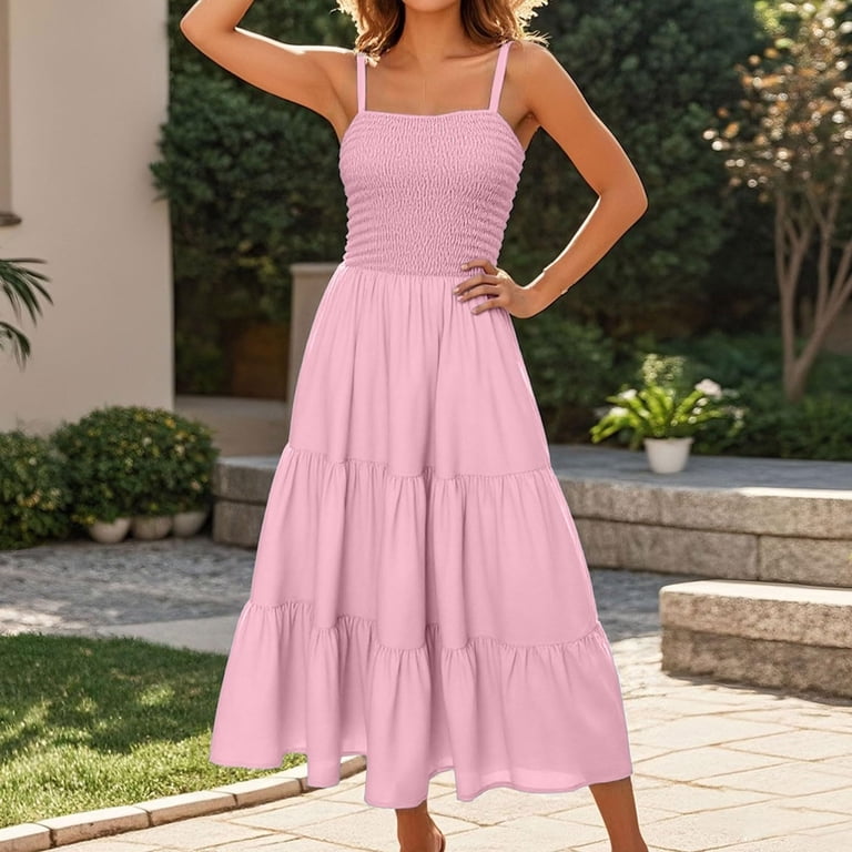 Ladies Summer Smocked Dress Trendy Casual Sleeveless Spaghetti Strap A-Line  Flowy Tiered Long Beach Sundresses Formal Midi Dresses for Women 3XL